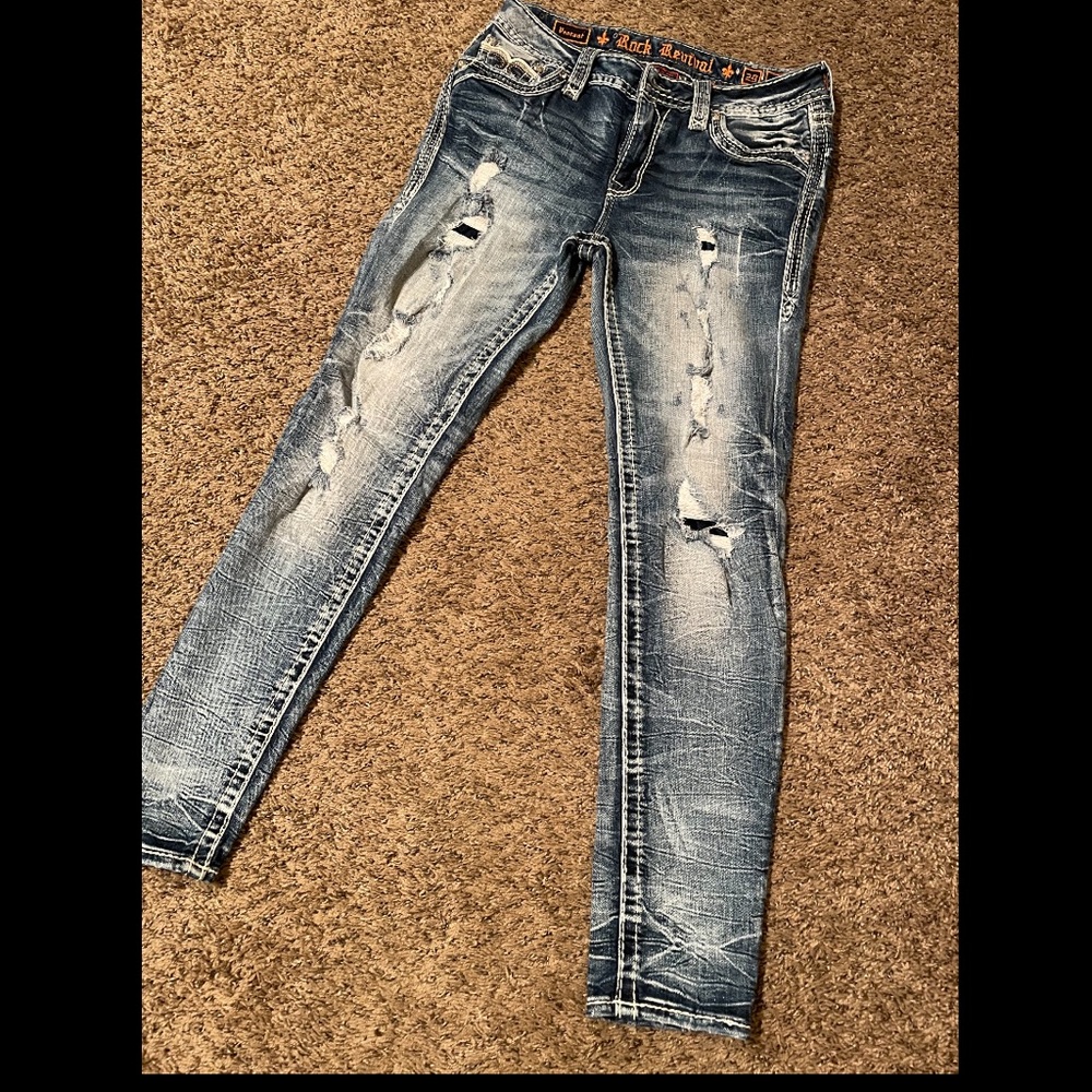 Rock Revival Peacock Mid-Rise Skinny Distressed Jeans, Size 29. Worn 3 Times!